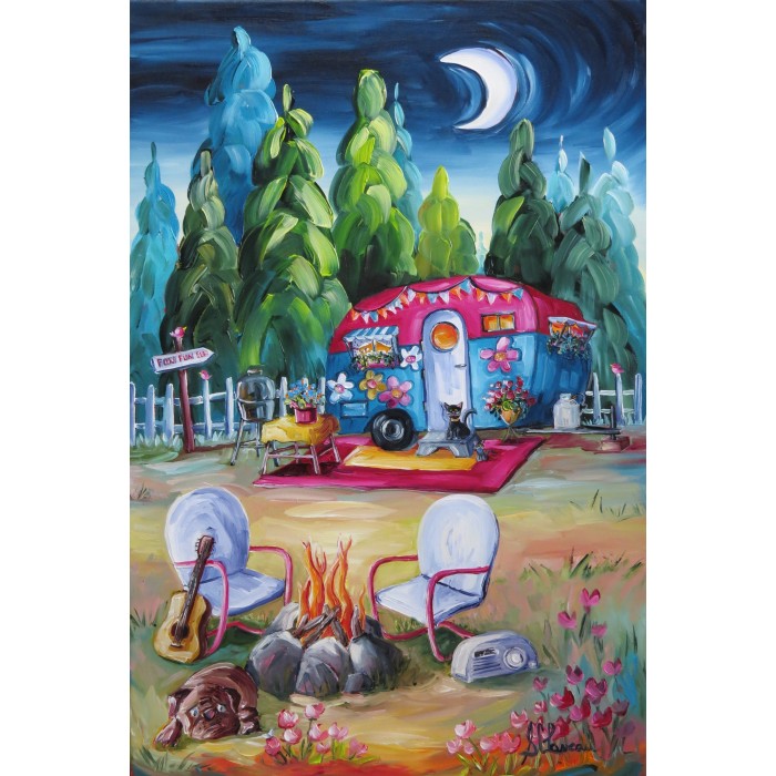 Le camping par Suzanne Claveau - Drapeau décoratif